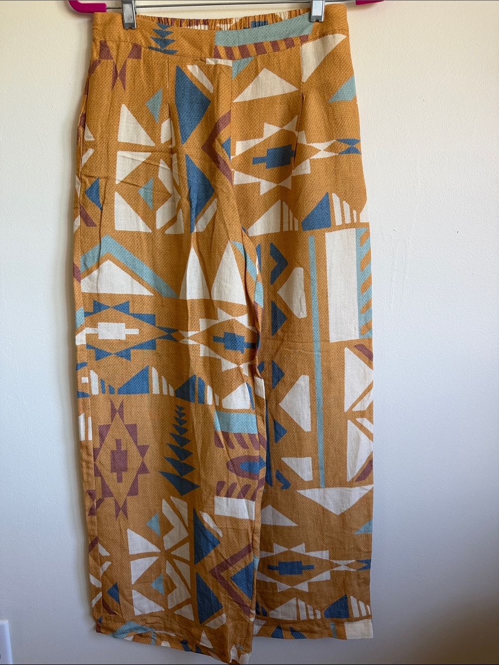 NWT Ranna Gill Mustard Geometric Printed Wide-Leg Pants with Blue & Cream Accent